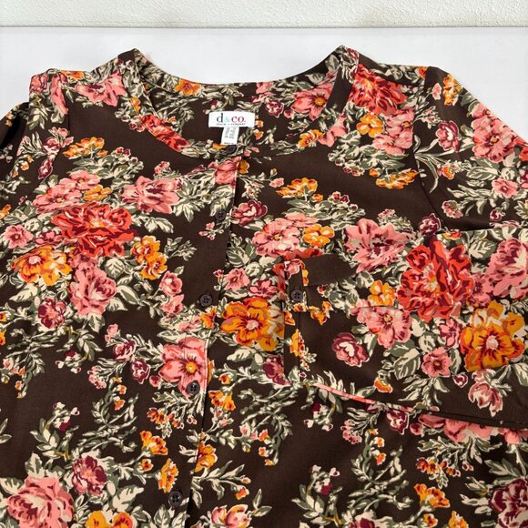 Denim & Co Button Front Top Size 1X Brown Multi Floral Print Long Sleeve A282231 - Picture 9 of 10